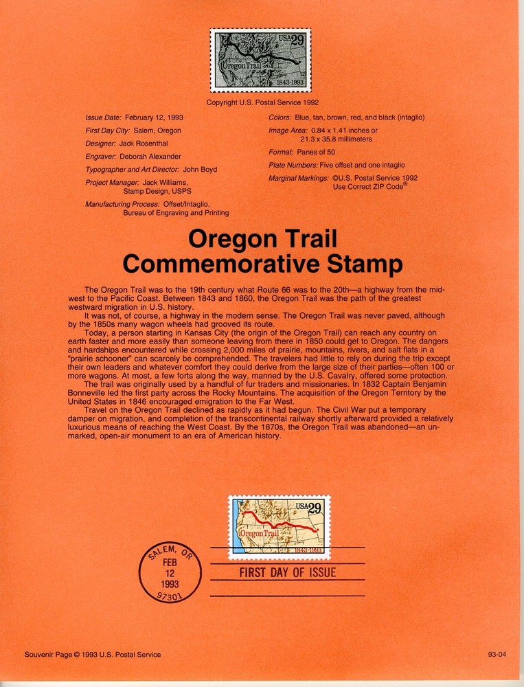 1993 USPS Oregon Trail Commemorative Stamp Souvenir FDC with Watermark #93-04