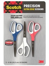 3M Scotch Precision Ultra Edge 8" Scissor, 3-count Scissors Soft Grip Handles