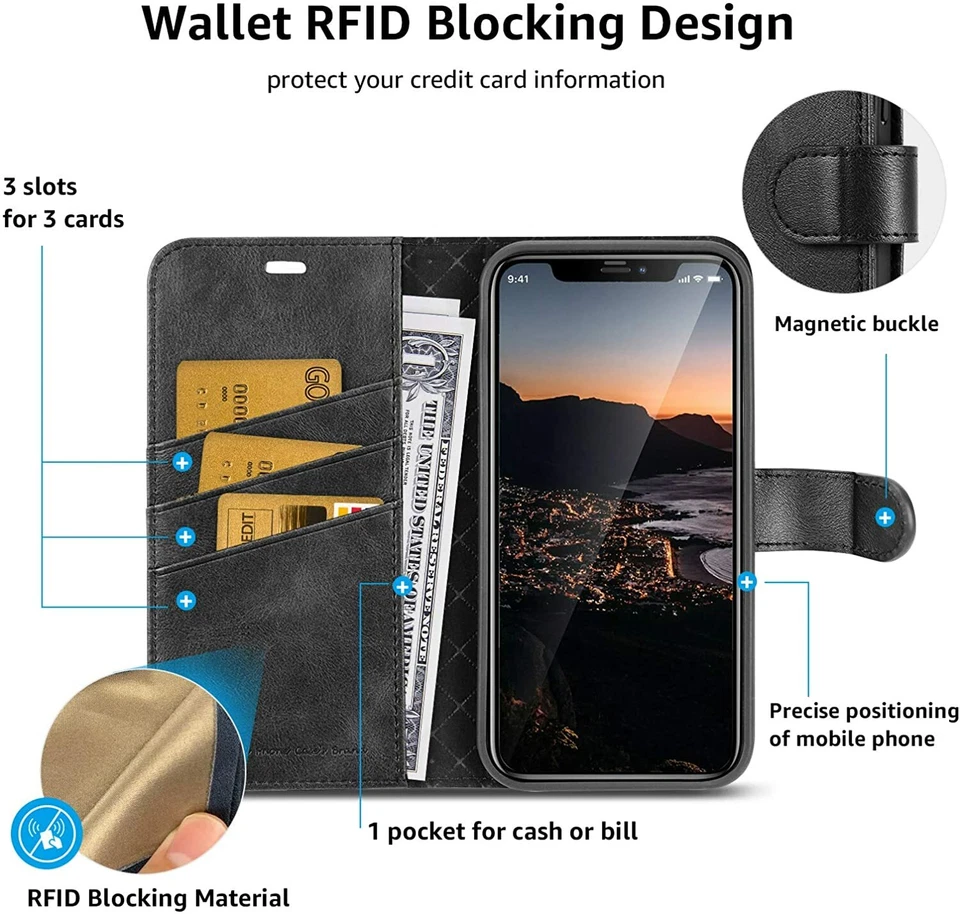 iPhone 12 Pro PU Leather Wallet Case Cover with Card Slot Magnetic + 2 Screen  - Image 3 of 4