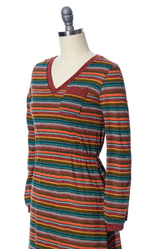 Vintage 1970s 70s Metallic Striped Rainbow Knit Acrylic Jersey Sweater Day Dress - Picture 6 of 9