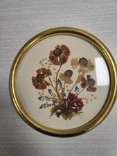 Vintage Pressed Dried Flower Art in Gold Round Wood Frame 8" 8"