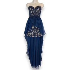 La Femme Formal Gown Cocktail Dress Blue Lace Hi Low Mesh Sheer Back Strapless 6