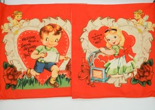 LOT of 2 VALENTINE Vintage Inspired Print Throw Pillow COVERS Boy Girl