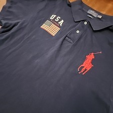 Polo Ralph Lauren Navy Polo Big Red Pony Casual USA Flag Patch Shirt Mens XXL