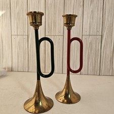 Vintage Brass Bugle Horn Candle Holders Candlestick Trumpet Red Green