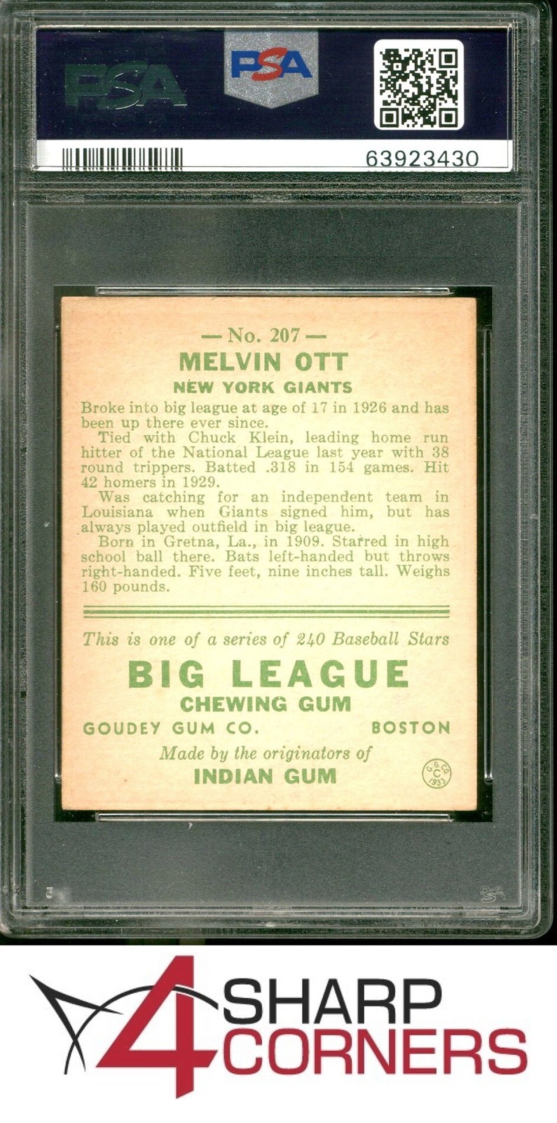 1933 GOUDEY #207 MEL OTT RC GIANTS HOF PSA 4 view 2