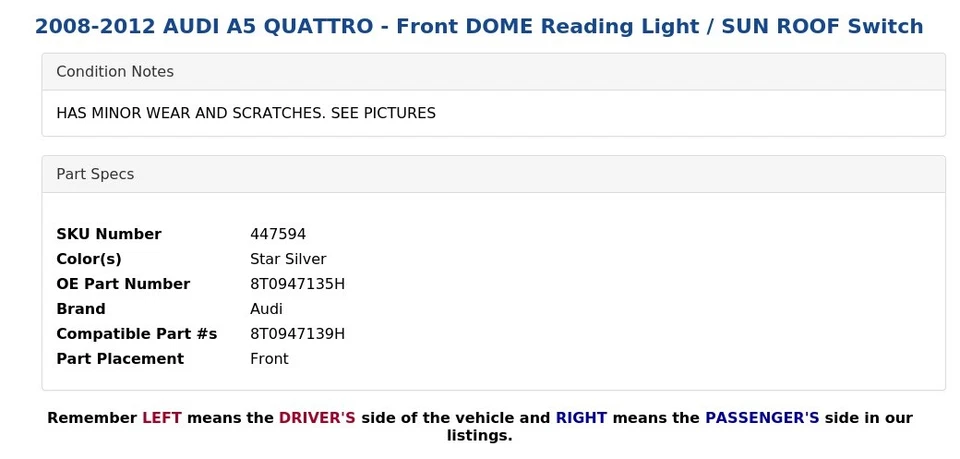AUDI A5 QUATTRO 2008-2012 - Luz de lectura cúpula delantera / interruptor techo corredizo Foto 4 de 4