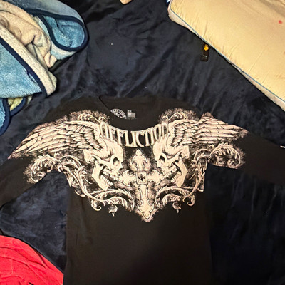 Affliction Men's Black Skull Graphic Logo Long Sleeve Crew Neck T-Shirt M