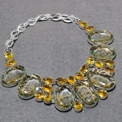 Faceted Golden Rutile Citrine Gemstone Ethnic Gift Jewelry Handmade Necklace 18''