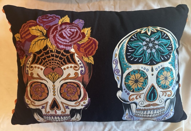 Throw Pillow Embroidered Sugar Skull Black Orange Pompoms Rectangle