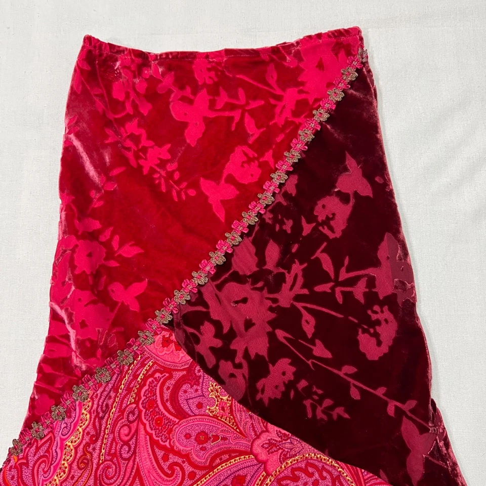 Falda Midi Vintage Y2K Boho Patchwork Seda Rosa Terciopelo Paisley Estampado Floral XS Foto 2 de 4