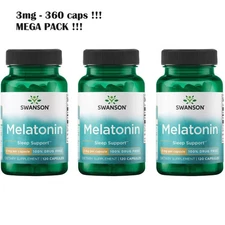 3 x SWANSON MELATONIN 3mg-360 Caps (3x120) - Sleep support,Jet LAG MEGA PACK