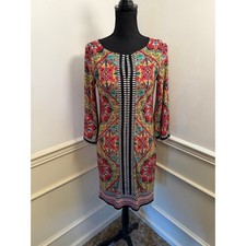 Laundry by Shelli Segal Retro Medallion Print Shift Dress 3/4 Sleeve Lined Bold