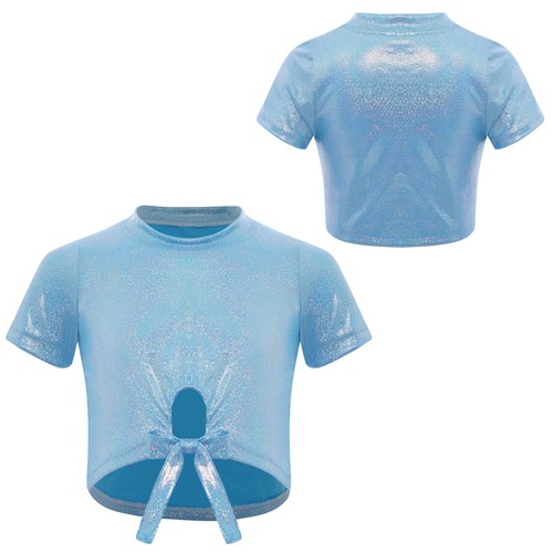 Girls Shiny Metallic Jazz Hip Hop Latin Cheerleading Dance Tops Lace-up T-Shirt - Picture 24 of 55