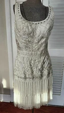 Sue Wong Nocturne White Lace & Beaded Tassel  Flapper Cocktail Party Dress Small
