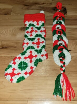 Vtg. LOT Handmade Crochet Christmas Stocking Granny Square Red Bell door hanger