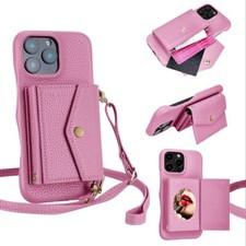 For iPhone 16 Pro Max Women Crossbody PU Leather Flip Phone Cover Case Strap