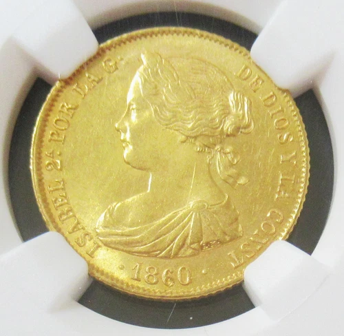 Spain: Isabel II gold 100 Reales 1860/50 MS64 NGC, Seville mint. RARE!!!