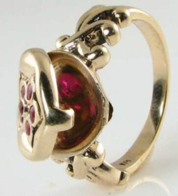 STUNNING 9K GOLD RUBY HEART POISON LOCKET VICTORIAN INS RING FREE RESIZE 