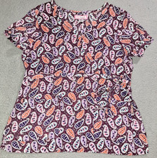 Koi Kathy Peterson Women s Paisley Short Sleeve Sheer V Neck Scrub Top / Size M
