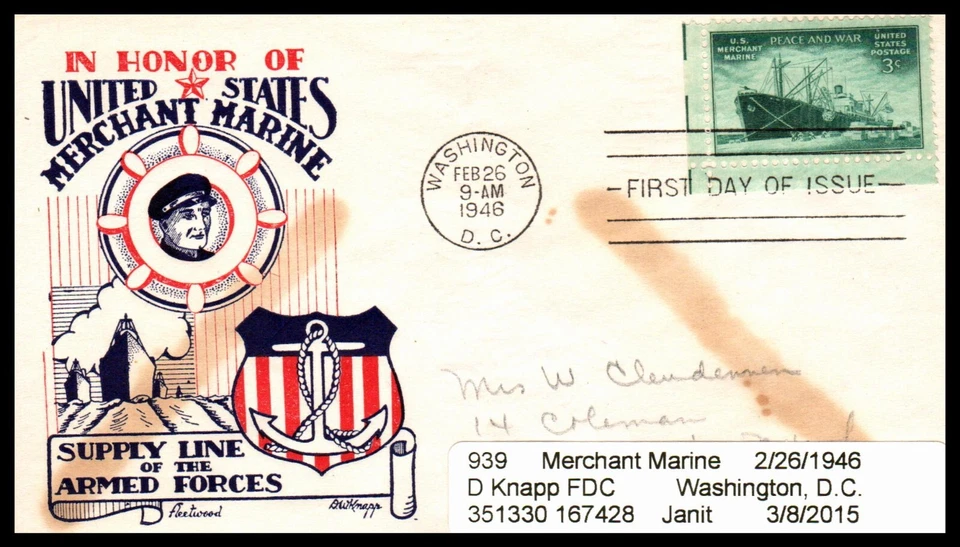 1946 Honoring WWII Merchant Marine (939) - Knapp Fleetwood FDC, Open Flap - Image 2 of 2