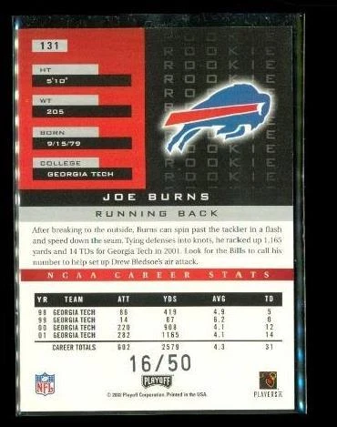 2002 Playoff Honors Os 16/50 Joe Burns #131 Rookie RC Buffalo Bills Football - Image 2 of 2
