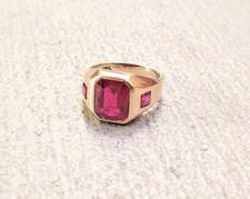 Vintage 10K Yellow Gold Ring Lab-Created Ruby Size 10 Red Faceted 7.6g Mens