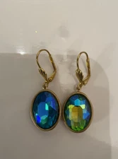 Vintage Oval Turquoise Crystal Bevel 14k Lever Back Earrings