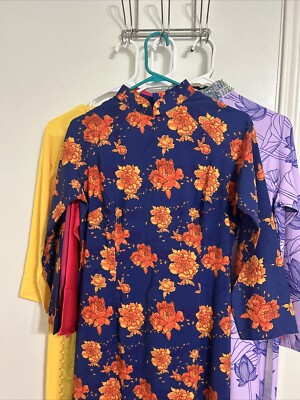 Vietnamese dress Lua Mỹ Màu Xanh Đen Bông Đỏ Aodai truyen thong 2xL