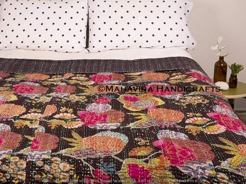Fruit Print Pure Cotton Black Kantha Quilt Coverlet Boho Queen Size Bedspread - Picture 2 of 3