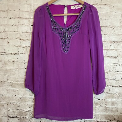 Emmelee Tunic Dress Womens Medium Purple Chiffon Beaded Shift Long Sleeve Flowy
