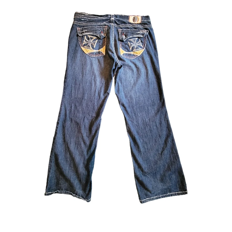 Pantalones de mezclilla Laguna Beach para hombre talla 42 calavera puntada con botones azul holgados acampanados Foto 2 de 4