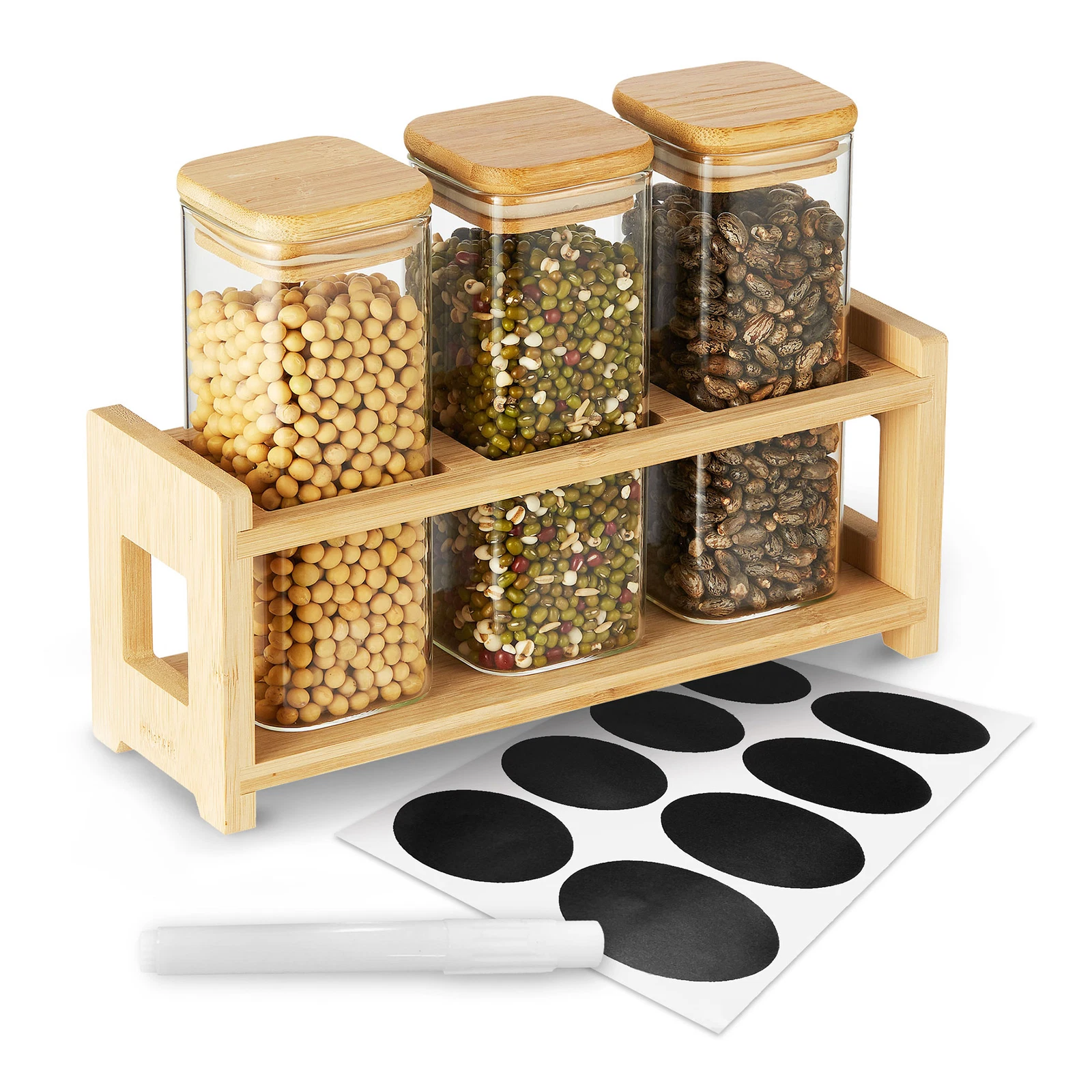 Berkware Glass Mini Storage Jars with Bamboo Lids and Display Stand