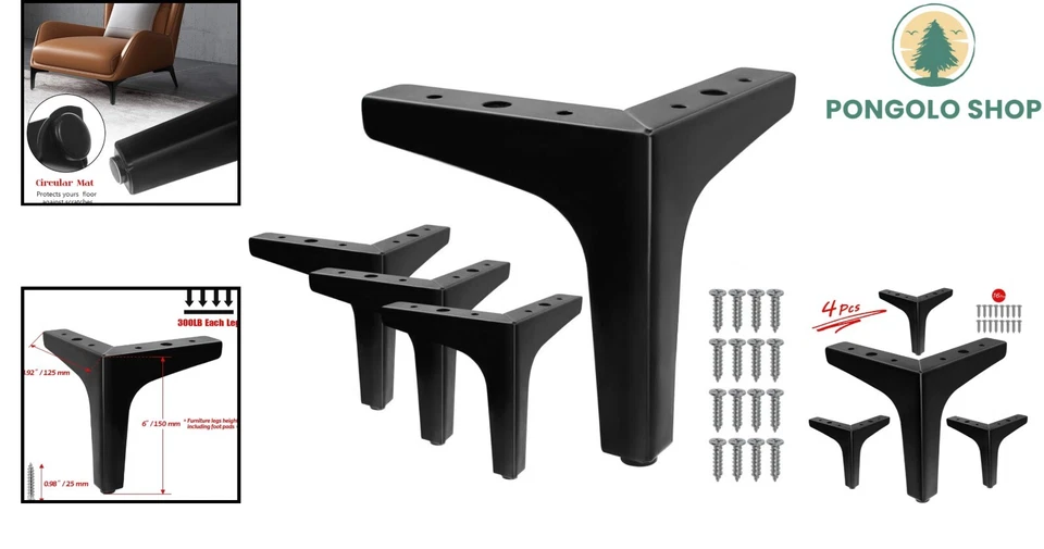 Patas de sofá y silla triangulares modernas de 6 pulgadas - 4 piezas con protectores de piso de goma Foto 2 de 4
