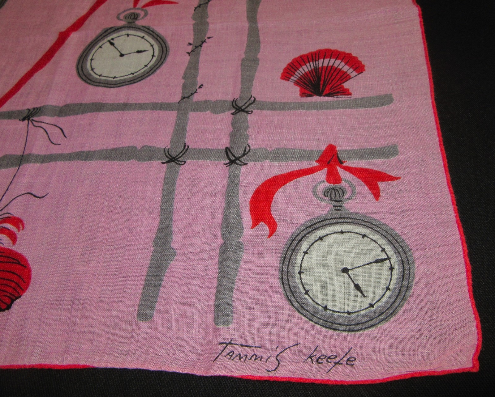 Vintage Hankie Linen Tammis Keefe Signed Watches and Shell Theme Hand Rolled