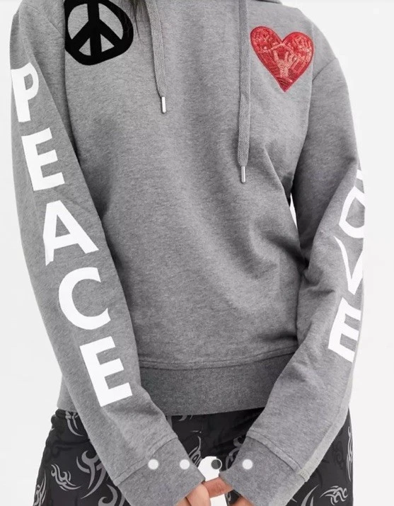 Felpa con cappuccio nuova con etichette Love Moschino donna Peace & Love slogan grigia tasca frontale taglia US 8