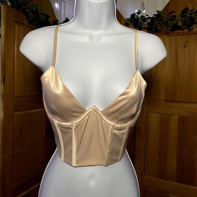 Champagne Sateen Style Cropped Deep-V Corset Top with Binding