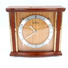 Bulova Empire Bamboo Mantel Clock Quartz 9.5 x 10 Inches Brown Silver