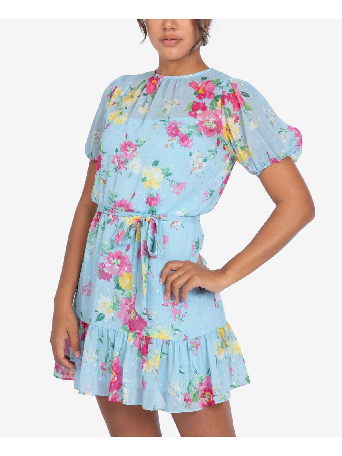 B DARLIN Womens Short Dress Light Blue Belted Pouf Sleeve Juniors 13\14