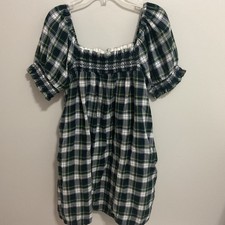 American Eagle Tartan Plaid Smocked Puff Sleeve Babydoll Mini Dress, MED