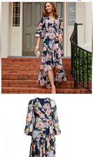 Eliza J. Navy Floral Long Sleeve High Lowfaux wrap dress size 8 Fully lined.