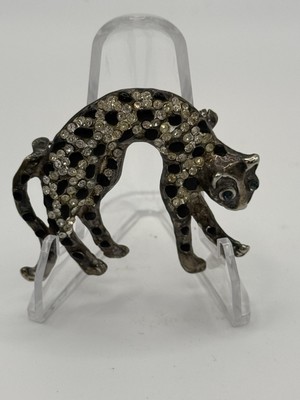 Vintage 80s Brooch Metal Crystal Rhinestone Jaguar Cat White Black Eye Big Heavy