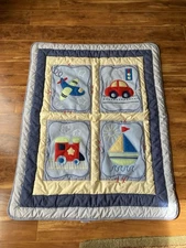 Nojo Baby Crib Blanket Quilt Train Boat Car Airplane 34 X 42” Reversible