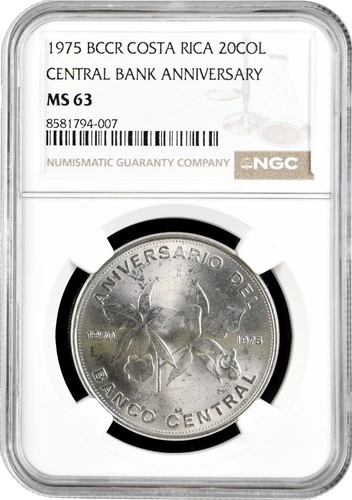 Costa Rica 20 colones 1975, NGC MS63, "25th Anniversary - Central Bank"