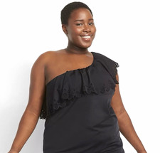 Cacique No-Wire Laser Cut One-Shoulder Ruffle Swim Tankini Top Plus Size 24