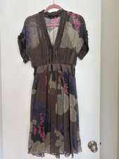 Y2K Dress Gray Printed Silk Chiffon Sheer Floral w/Gray Satin Trim and Slip Sz.4