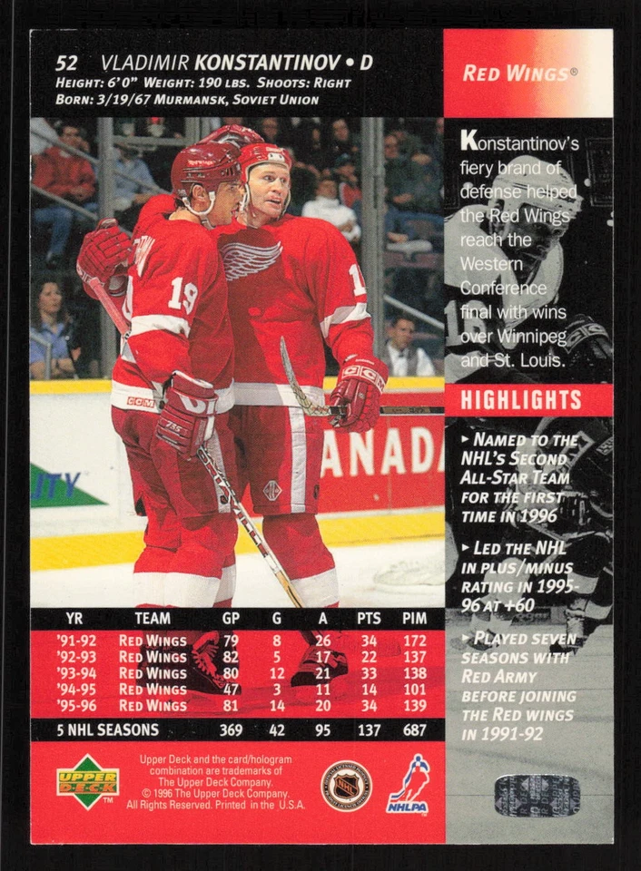 1996-97 Upper Deck #52 Vladimir Konstantinov Card TCCCX - Image 2 of 2