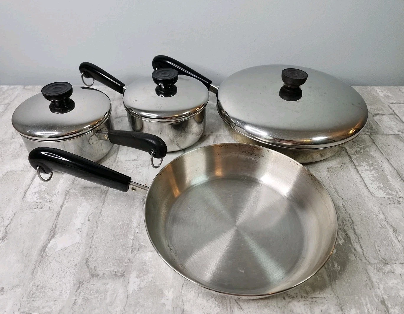 Revere Ware 1801 Stainless Steel Tri Ply Bottom 6 Pc Saucepans Skillets VTG