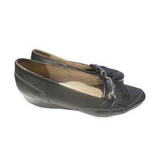 VTG BALLY "EBENE" BLACK/BLACK Leather Slip-On Fringe Loafer Women's 6.5 M logo