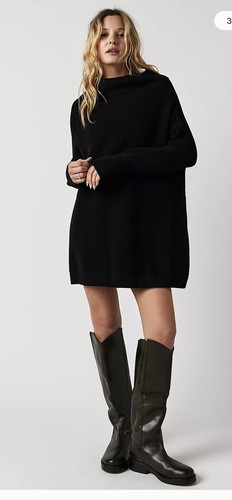 Free People Damen schwarz Langarm osmanisch lässig gerippt Tunika Pullover Gr. S